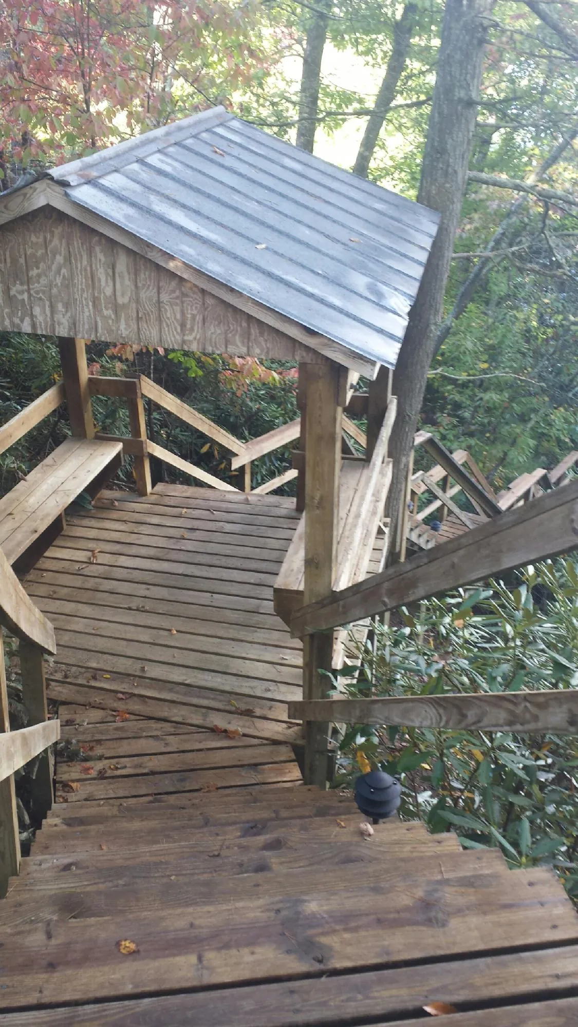 Metal roofed shelter over wooden steps on a wooded walkway — Skylight Repair & Installation work by our crew in Belvue